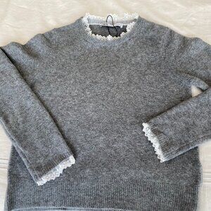 Zara Soft Knit Gray round neck long sleeve sweater with white lace neck/sleeve